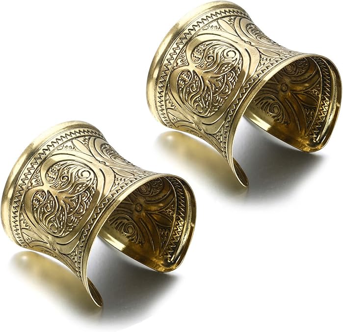 SONNYX 2 PCS Cuff Bracelets for Women Vintage Ethnic Wide Open Chunky Gold Silver Wrist Cuff Warp Bracelets for Cosplay or Belly Dance