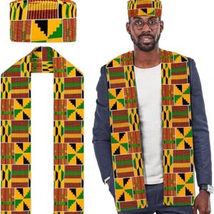 2 Pcs African Hats Kente Stole Sets African Kente Cloth Kufi Hats for Men Sash Kwanzaa Graduation Stole Black History Scarf